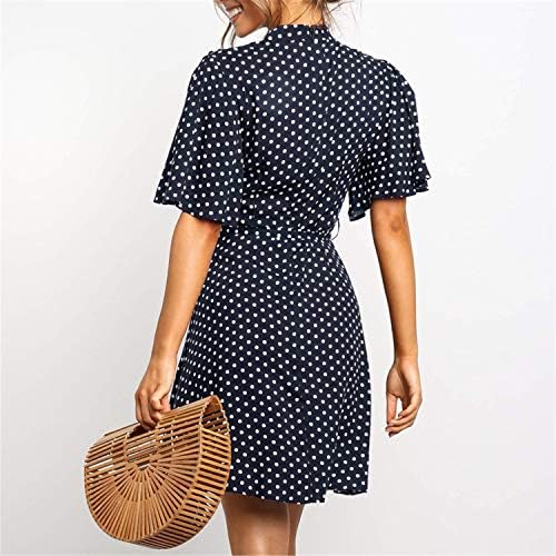 Andongnywell Polka Dot Print Leaf Sleeve Lace-up Ladies Dress Vestido de meia manga Contraste Casual Bolsões Vestidos de