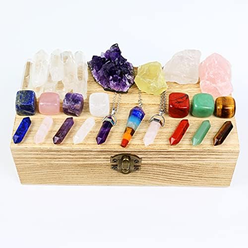 NVZI Cristais de cura e kit de pedras na caixa, conjunto de cristais de chakra, cristal de ametista, quartzo rosa, citrino,
