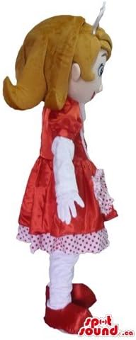 Little Princess em um vestido vermelho, mascote de desenho animado, fantasia dos EUA