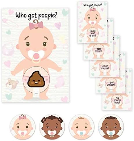 Party Hearty 33 Baby Shower Raffle Card Game for Girls, Poopie Emoji arranham ingressos para loteria, 3 vencedores, 5 designs diferentes de cartões perdedores, atividade boba para quebras de gelo e prêmios de porta