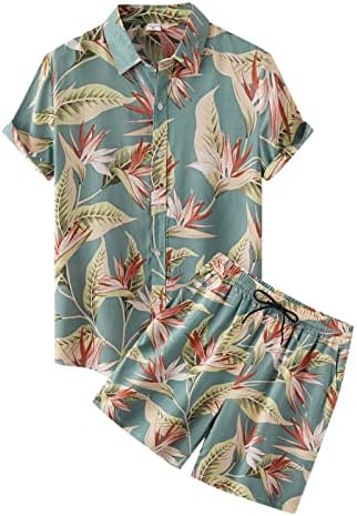 Camisas havaianas masculinas Terno de manga curta Havaí terno estampado de folha de duas peças de manga curta Turn Down Collar