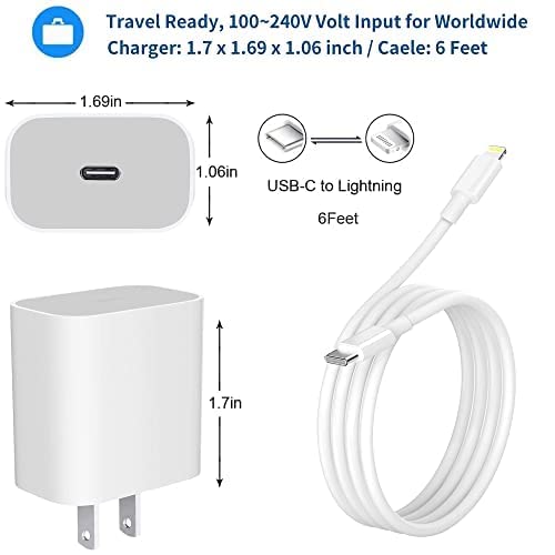 iPhone Fast Charger [Apple MFI Certified], iPhone 14 13 12 11 USB C Carregador de parede elétrica com cabo de 6 pés, Lightning