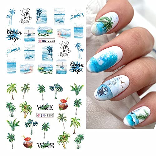 12 folhas Summer Nail Art Setes à beira -mar, transferência de água Decorações de arte tropical estilo coco de coco