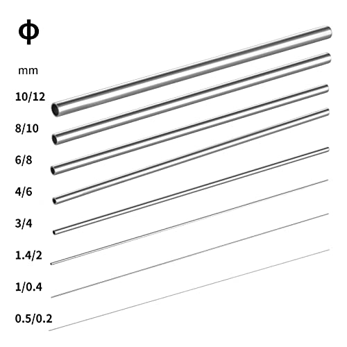Usamily Aço inoxidável Capilar tubo de tubo de laboratório 8pcs, diâmetro externo 0,5 a 12 mm, diâmetro interno 0,2 a 10