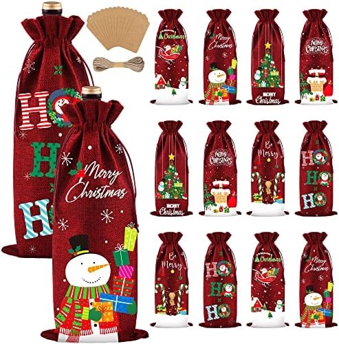 Mimind 12 peças Bolsas de vinho de estopa de Natal de Natal Buffalo Sacos de Vinho Plaidu Buffalo com cordões, tags de presente