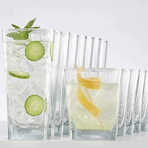 Conjunto de óculos de bebida durável de 16 | O conjunto de copos inclui 8 copos de bola alta 8 copos de rochas xícaras de vidro pesadas para água, suco, cerveja, vinho e coquetéis