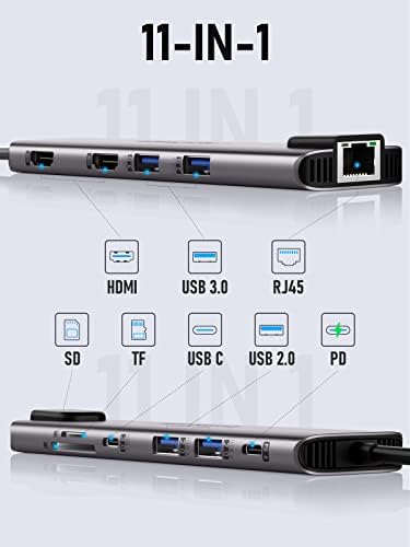 Lemorele 11 em 1 USB C Laptop Docking Station Dual Monitor Hub Adaptador com 2 HDMI 4K, 100W PD, Ethernet, SD/TF, 2