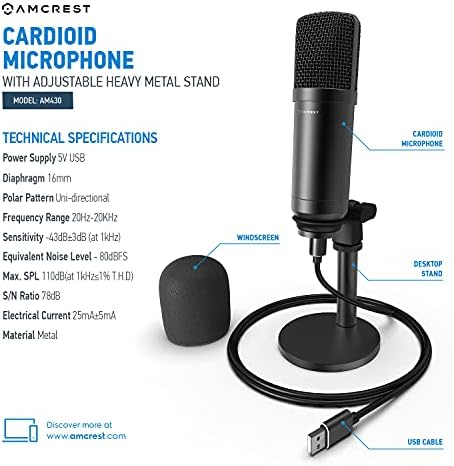 Microfone USB AMCREST Para gravações de voz, podcasts, jogos, conferências on -line, transmissão ao vivo, microfone cardióide com suporte de metal pesado ajustável, pára -brisas e cabo USB de 6,5 pés, AM430