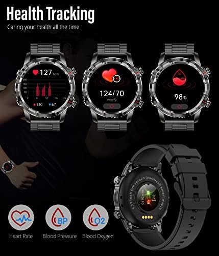 Relógio inteligente para homens, 1,32 '' Round HD Fitness Watch com Bluetooth Call SMS SNS Lembrete Pedômetro Calculadora Coração Monitor do sono Rastreador de fitness Rastreio de aço inoxidável para iOS Android, preto