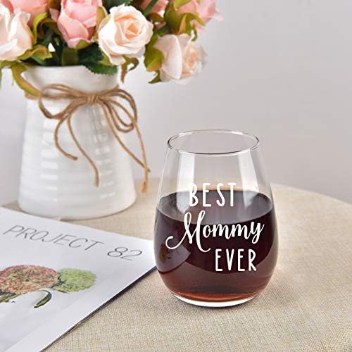 Melhor mamãe sempre copo de vinho sem haste, presente de vinhos de vinho engraçado para o presente do dia das mães 15oz