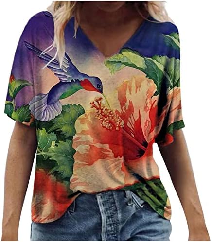 Túnica de verão Tops feminino estampa floral de manga curta camisetas soltas lixo v -pescoço blusas camiseta para mulheres