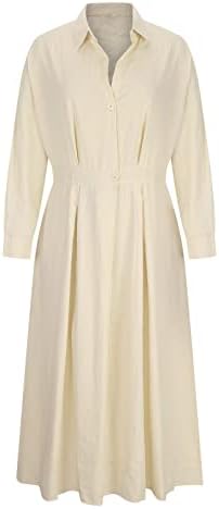 Vestidos de verão lmdudan para mulheres 2023 Linho de algodão Cantura alta vestido sólido Vestidos de lapela casual V vestidos