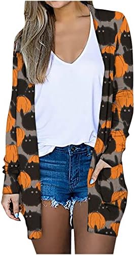 Mulheres Open Front Longo Cardigan Halloween Impressão de mangas compridas Casual Camisa leve de Kimono Shawl Coat Blouse Tops