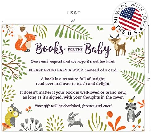 Cartões de solicitação de livro do chá de bebê da floresta com animais de coruja e floresta. Pacote de 50. Design