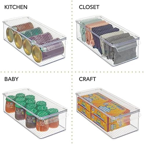 Mdesign Slim Plástico Bin Bin Storage Storage com tampa e maçaneta para cozinha, despensa, armário, geladeira e freezer - Organizador para lanches, produtos, vegetais, massas, bebidas - Limpo