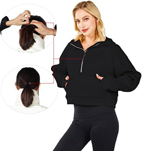 Xweaij Hoodies forro de lã de lã de lã 1/2 zíper moletons com pinças de colheita de manga longa Tops de manga longa para mulheres