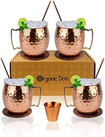 Pontos orgânicos Moscow Mugs Copper Canecas - 4 canecas de cobre artesanais autênticas com 2 oz. Vidro de tiro, acabamento