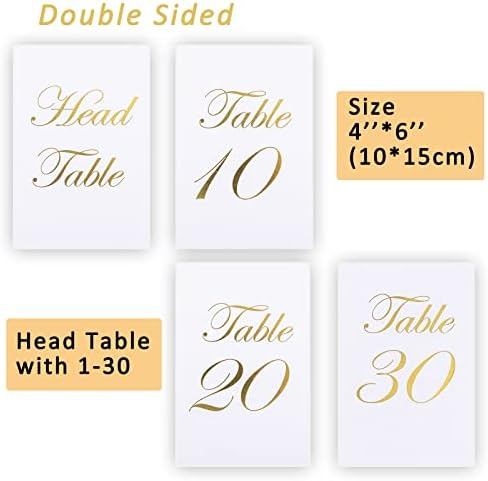 4*6 Números de mesa de casamento de ouro 1-30 com cartão de mesa de cabeça, número de tabela para recepção de casamento, números de tabela de papel alumínio de ouro de dupla lados sinais
