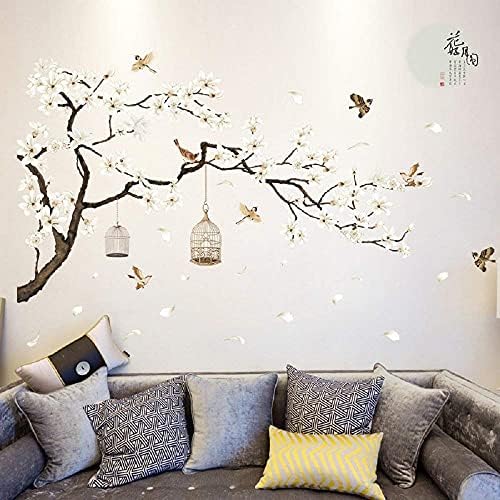 Amaonm estilo chinês Flores brancas Árvore preta e pássaros voadores adesivos de parede Removável Decoração de decoração de