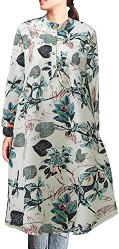 Iqka mulheres túnicas longas de túnica para leggings estampa floral botões de manga longa o pescoço de camisa de joelho