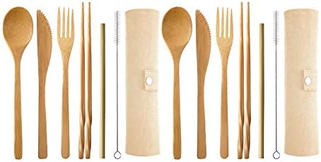 Onwon® 2 set talheres de viagem de bambu incluem faca reutilizável faca colher de palha de palha eco amigável utensílios