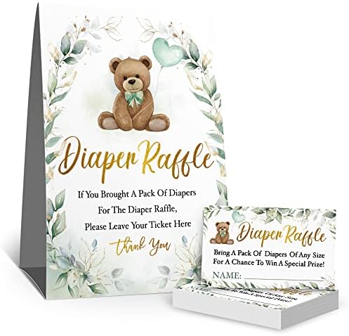 Cartões de jogo para festa do chá de bebê de fraldas, eucalipto balão de folhas pequeno urso tema de chá de chá de bebê bilhete