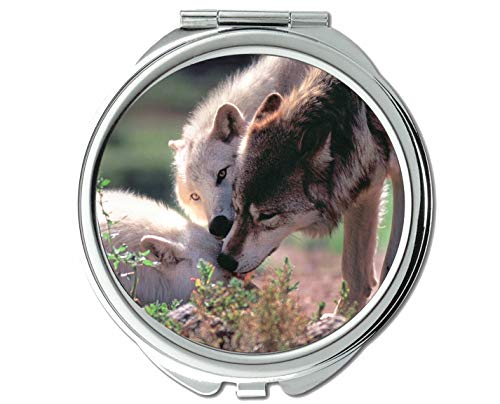 Espelho, espelho redondo, espelho de bolso de lobo animal, ampliação de 1 x 2x