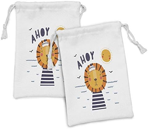 Ambesonne dizendo que bolsa de tecido conjunto de 2, imagem temática de desenho animado com leão Sailor Lion Happy Sun e Ahoy Lettering
