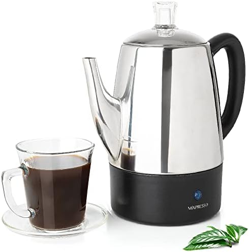 Mixpresso Electric Percolator Cafetle Pot | Cafeteira de aço inoxidável | Percolator Electric Pot - 10 xícaras de percolator de aço inoxidável com cesta de café