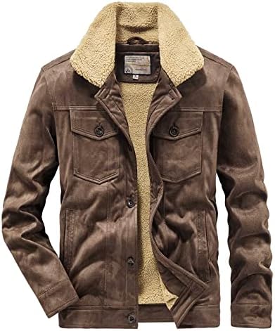 Homens sherpa forrada com camurça falsa camisa de caminhão de couro botão de lapela de lapela Bomber Jackets Winter Warm Fleece Alinhado Coats Outwear