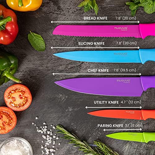 Faca de cozinha nuovva com codificação de cores de 5 peças de facas coloridas Conjunto de aço inoxidável
