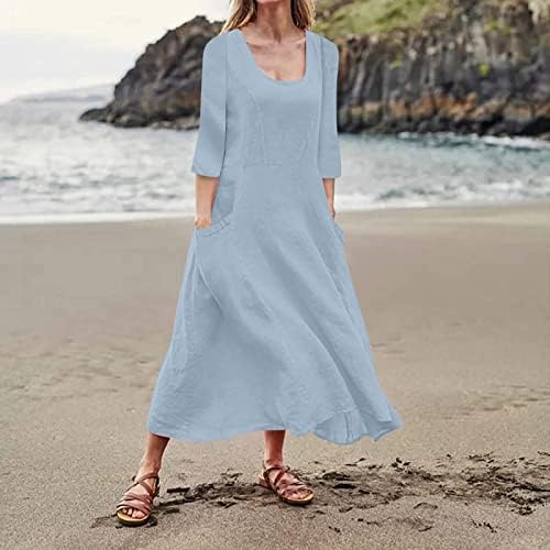Vestidos casuais femininos manga vestido de linho de algodão colorido casual mangas quartelas vestidos de praia