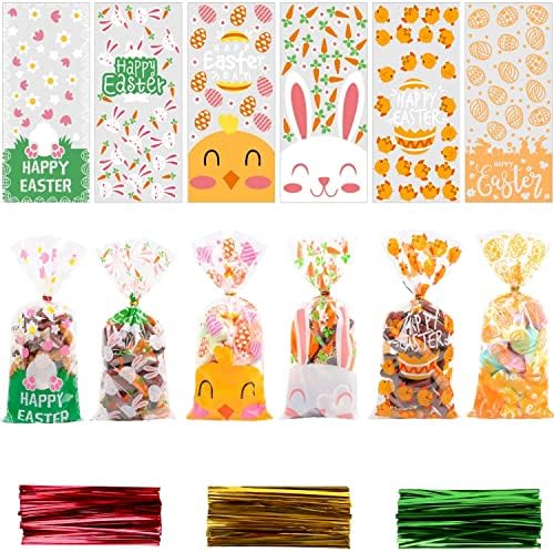 VEYLIN 120PCS Sacos de guloseimas de celofane de Páscoa, sacos de doces de Páscoa de Páscoa de Páscoa com 150pcs