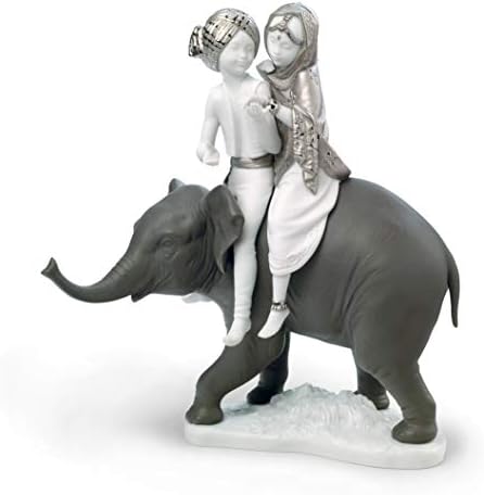 Lladró Hindu Children Feliz. Brilho prateado. Figura de elefante de porcelana.