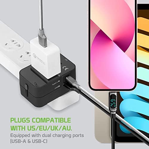 Viagem USB Plus International Power Adapter Compatível com a Samsung SM-T801 para energia mundial para 3 dispositivos USB TypeC, USB-A