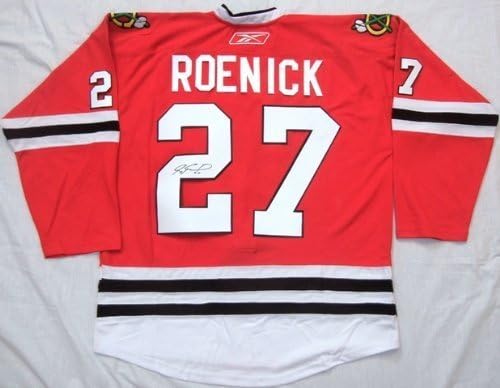 Jeremy Roenick autografou a Chicago Blackhawks Red Jersey com prova, imagem de Jeremy assinando para nós, PSA/DNA Authenticed, 1992 Stanley Cup Finals, San Jose Sharks, Coyotes, Philadelphia Flyers
