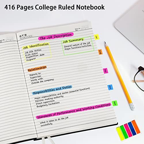 Jornal de notebook Amanple, A4 400 Pages College governou o Caderno, diário de couro para redação, 8,5 x 11, 125pcs guias adesivas,