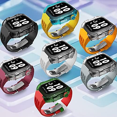 Kit de modificação de luxo Maalya ， para Apple Watch 44/45mm Fluororberber Band ， para Iwatch Series 8 7 6 5 4 SE 45mm 44mm Case de relógio transparente+relógio