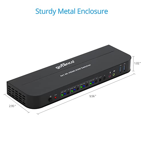 GOFANCO 4 PORT HDMI KVM Switch com USB 3.0 - 4K @60Hz 4: 4: 4, 18 Gbps, HDR, 3D, HDCP 2.2/1.4, teclado USB/mouse, hub USB 3.0, microfone, MIC, estéreo out Remote, Hotkeys