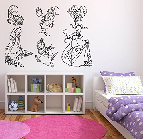 Decalques de adesivos de parede Alice no Wonderland Cartoon Rabbit Tea Time Cheshire Cat Girl Bursery Quarto 1401b