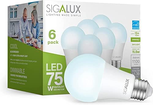 Sigalux A19 lâmpada LED Energy Star Certified, lâmpada LED diminuído equivalente a 75W, luz do dia 5000k 1100lm, lâmpadas padrão