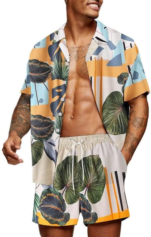 TJLSS Men's Print Conjunto de lapela Botão curta Camisa de manga curta e praia Conjunto de verão curto para homens Hawaiian