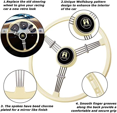 Motafar 15-1/2 polegadas volante clássico Retro Classic With White Banjo Design, compatível com Porsche 356 Speedster