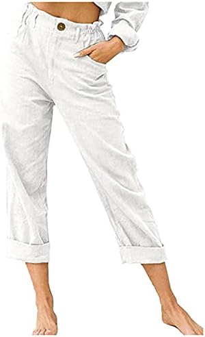 Calça de cor sólida de linho feminina feminina dsodan com botões de bolsos da cintura elástica de calças retas soltas Capri
