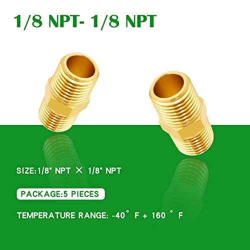 Tnuocke 5pcs 1/8 NPT Male x 1/8 NPT machos machos de bronze macho de bronze ajustes, adaptador de conector hexadecimal pesado H-041-1/8 NPT-1/8 NPT