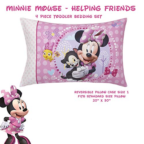 Disney Minnie Mouse Ajudando amigos Conjunto de roupas de cama para criança de 4 peças - folha ajustada, fronha, lençol e consolador - rosa