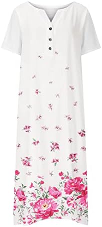Vestido para mulheres, vestido feminino botão de bolso floral de manga curta V vestido solto casual