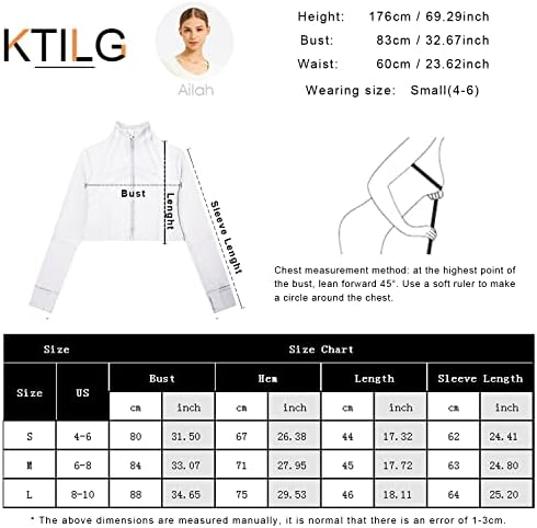 Ktilg Women Workout Crop Colt Jackets de manga longa Zip-up Pullover leve de ioga atlética Running Tops com orifícios de