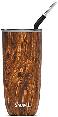 S'well Tumbler de aço inoxidável com palha - 24 FL OZ - TEAKWOOD - Recipientes isolados a vácuo de camada tripla mantém bebidas frias