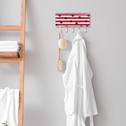 Red White White listrado Navy Stars Pattern Rack Organizer com 5 ganchos de parede banheiro da cozinha prateleira prateleira multifuncional prateleira de armazenamento